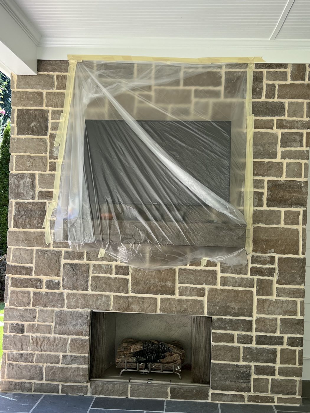 Fireplace stone covered before washing